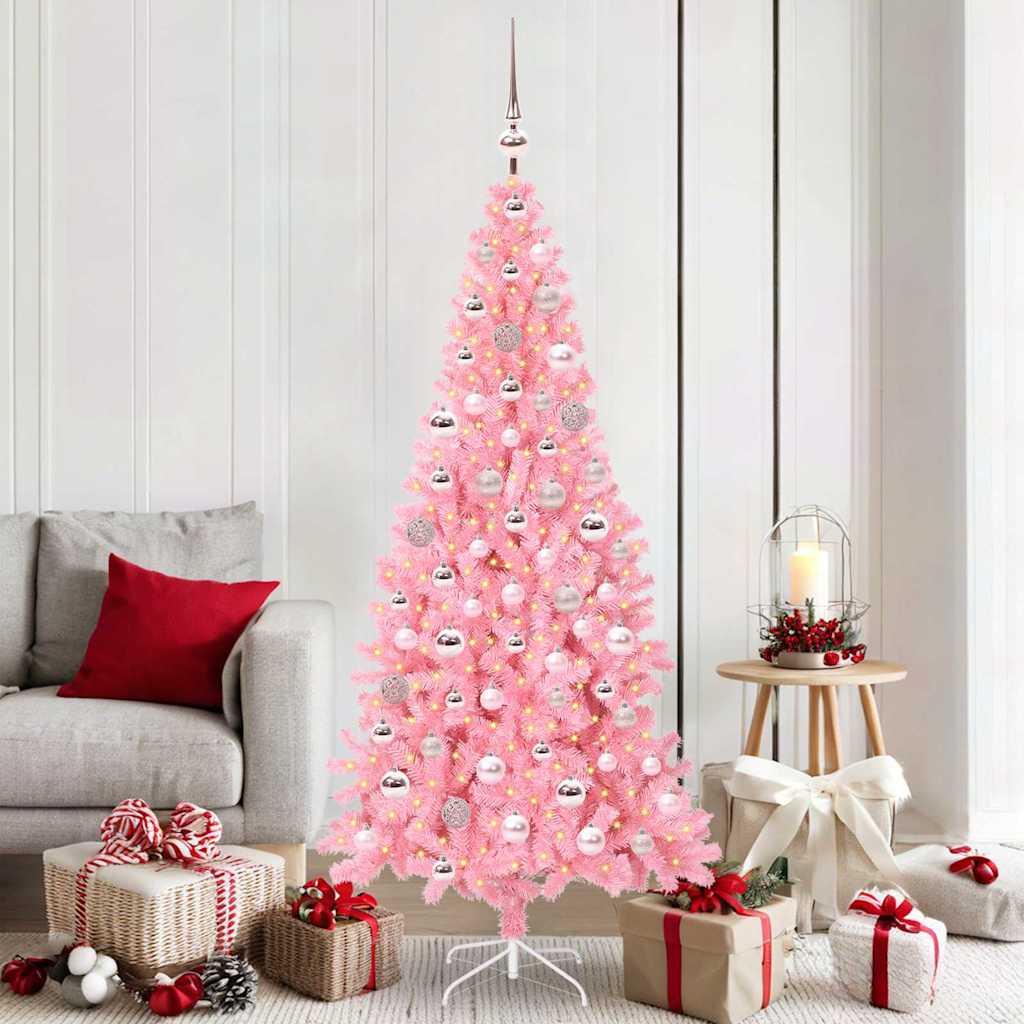 Juletræ med 300 LED - lyserød 180 cm med stativ i PVC billede