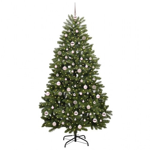 Kunstigt juletræ med LED og kugler 210 cm - grøn