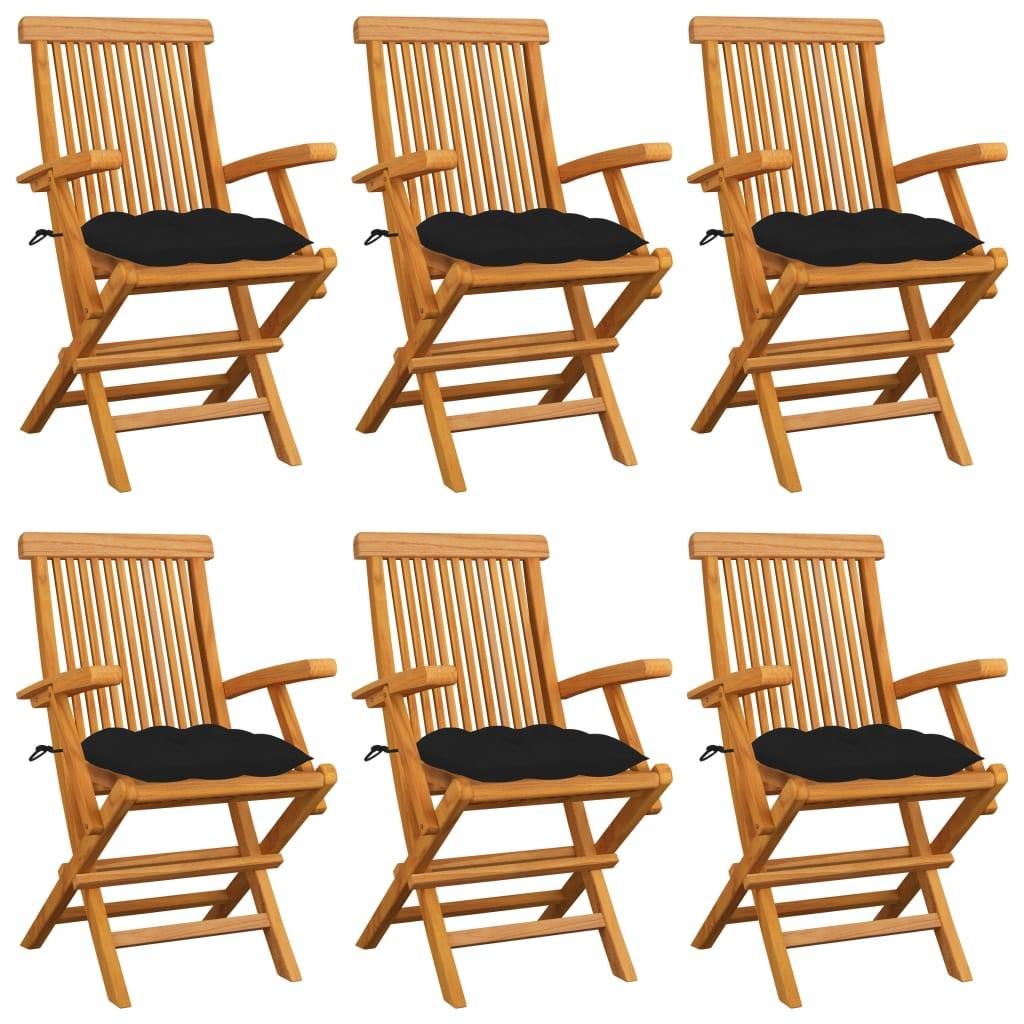 Havestole med sorte hynder 6 stk. massivt teaktræ