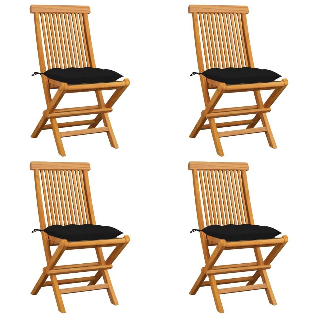 Havestole med sorte hynder 4 stk. massivt teaktræ