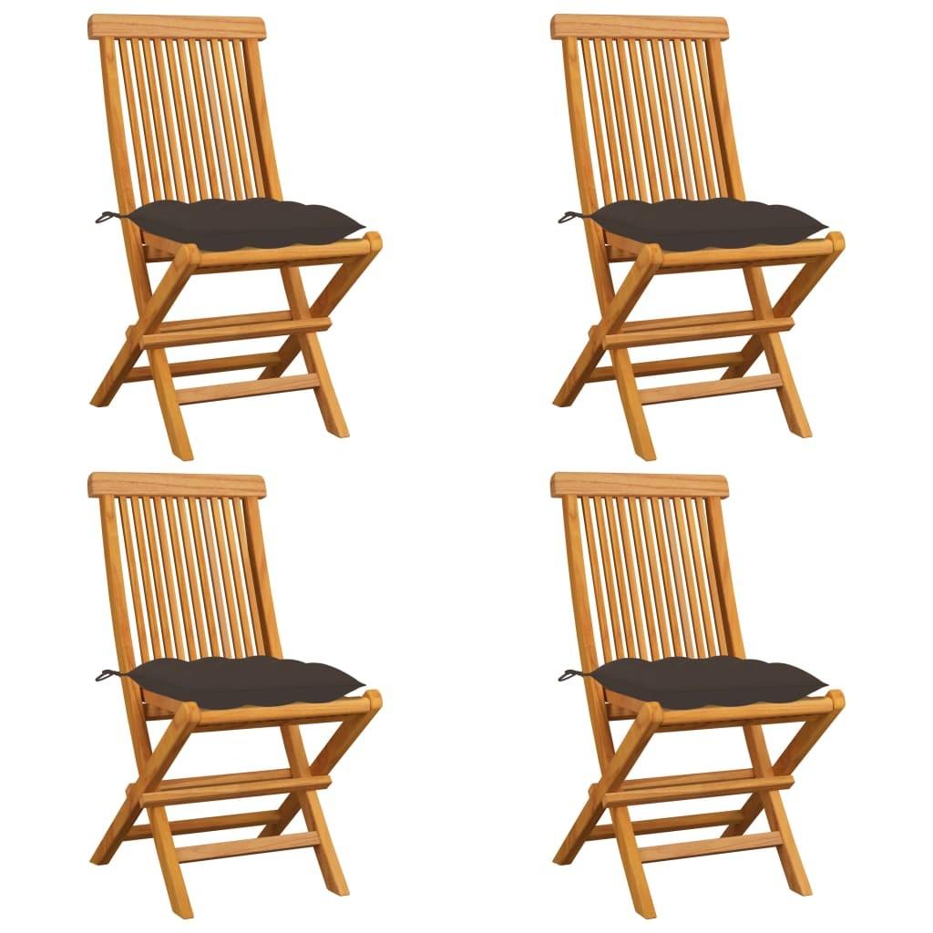 Havestole med gråbrune hynder 4 stk. massivt teaktræ