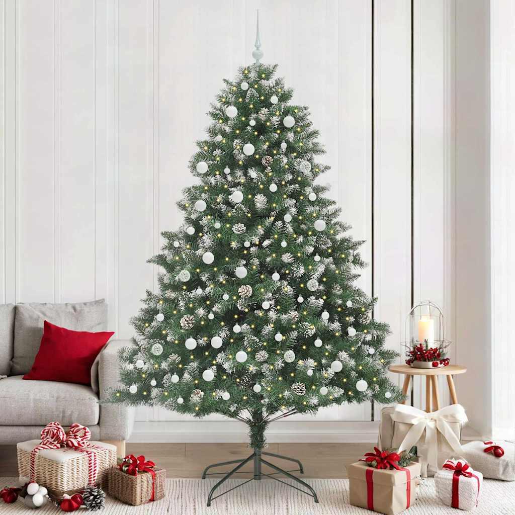 Kunstigt juletræ 240 cm - grøn med LED, kogler og kugler, PVC/stål, inkl. stativ billede