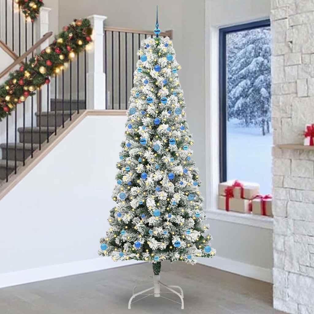 Kunstigt hinged juletræ 240 cm - grøn/hvid med 300 LED-lys og pynt billede
