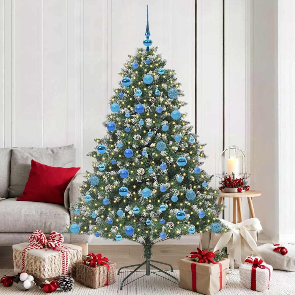 Kunstigt juletræ med LED-lys, kugler og kogler - grøn, 180 cm billede