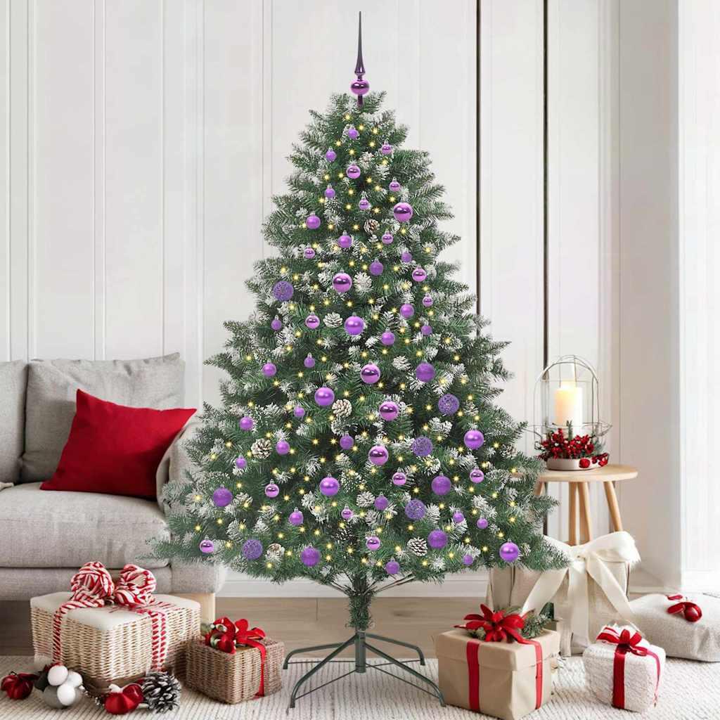 Kunstigt juletræ med LED-lys - grøn 180 cm, PVC/stål, inkl. kugler og kogler billede
