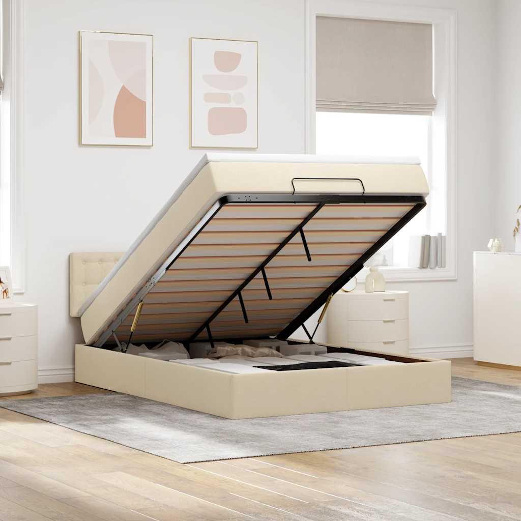 Ottoman seng med madras & LEDs 140x190 cm stof fløde billede