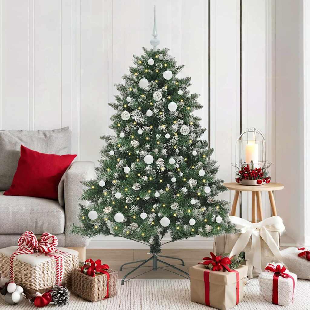 Kunstigt juletræ med LED-lys - grøn 150 cm, PVC/stål, inkl. kugler og kogler billede
