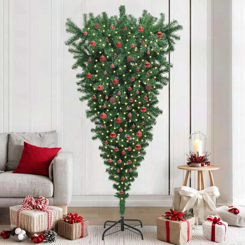 vidaXL Omvendt kunstigt fældet juletræ med kuglesæt Grøn 210 cm PVC