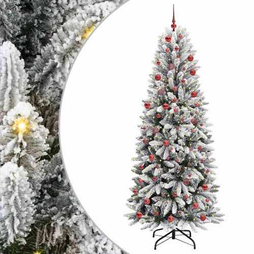 Kunstigt juletræ med LED og pynt - hvid, 210 cm