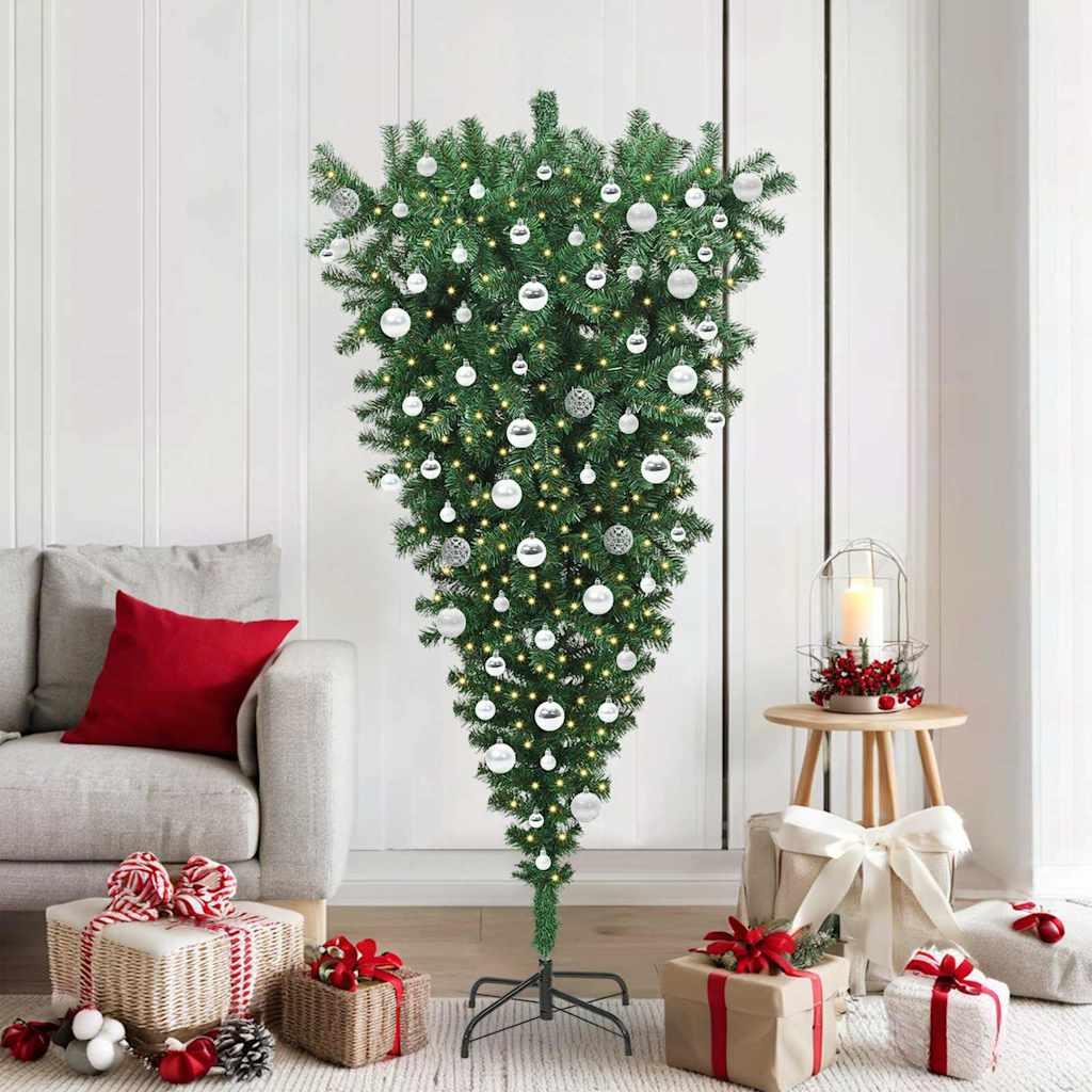 vidaXL Omvendt kunstig forindstillet juletree med kuglesæt Grøn 180 cm