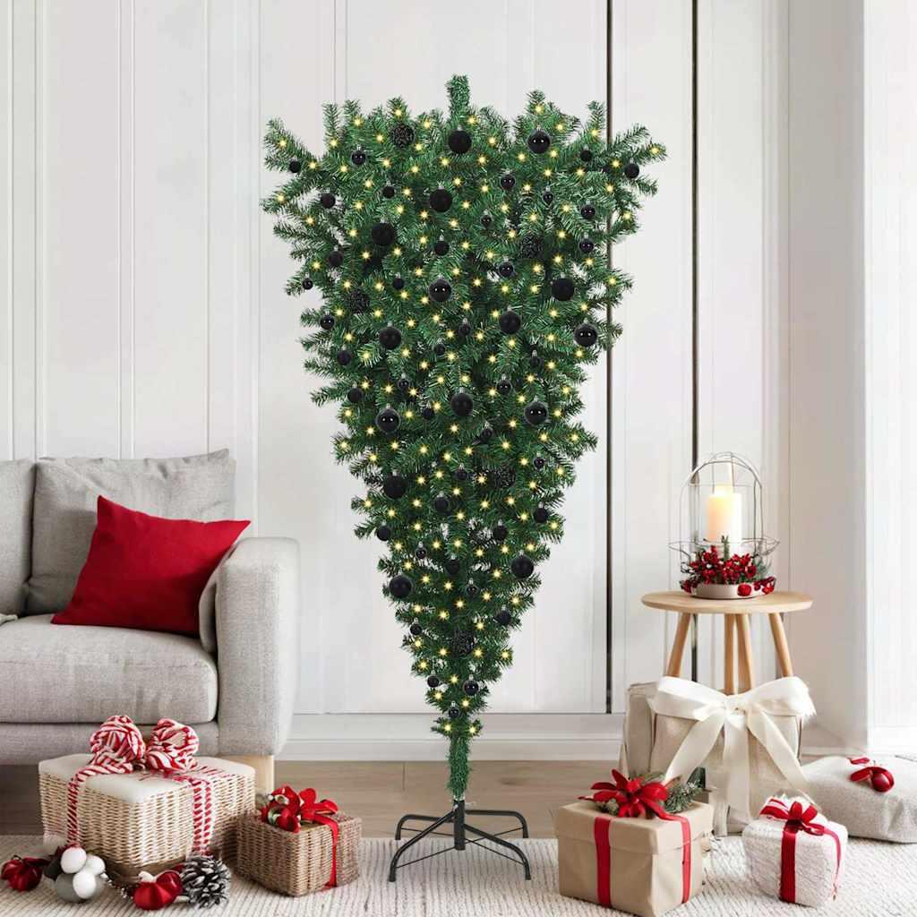 vidaXL Omvendt Kunstig Forbelyst Juletræ med Kuglesæt Grøn 180 cm PVC