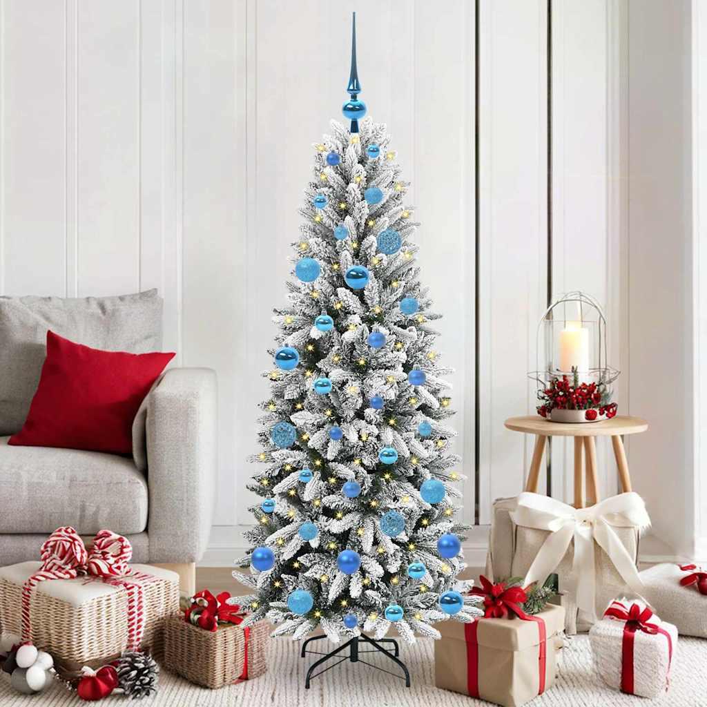 Kunstigt juletræ - hvid 150 cm med LED-lys, kugler og top billede