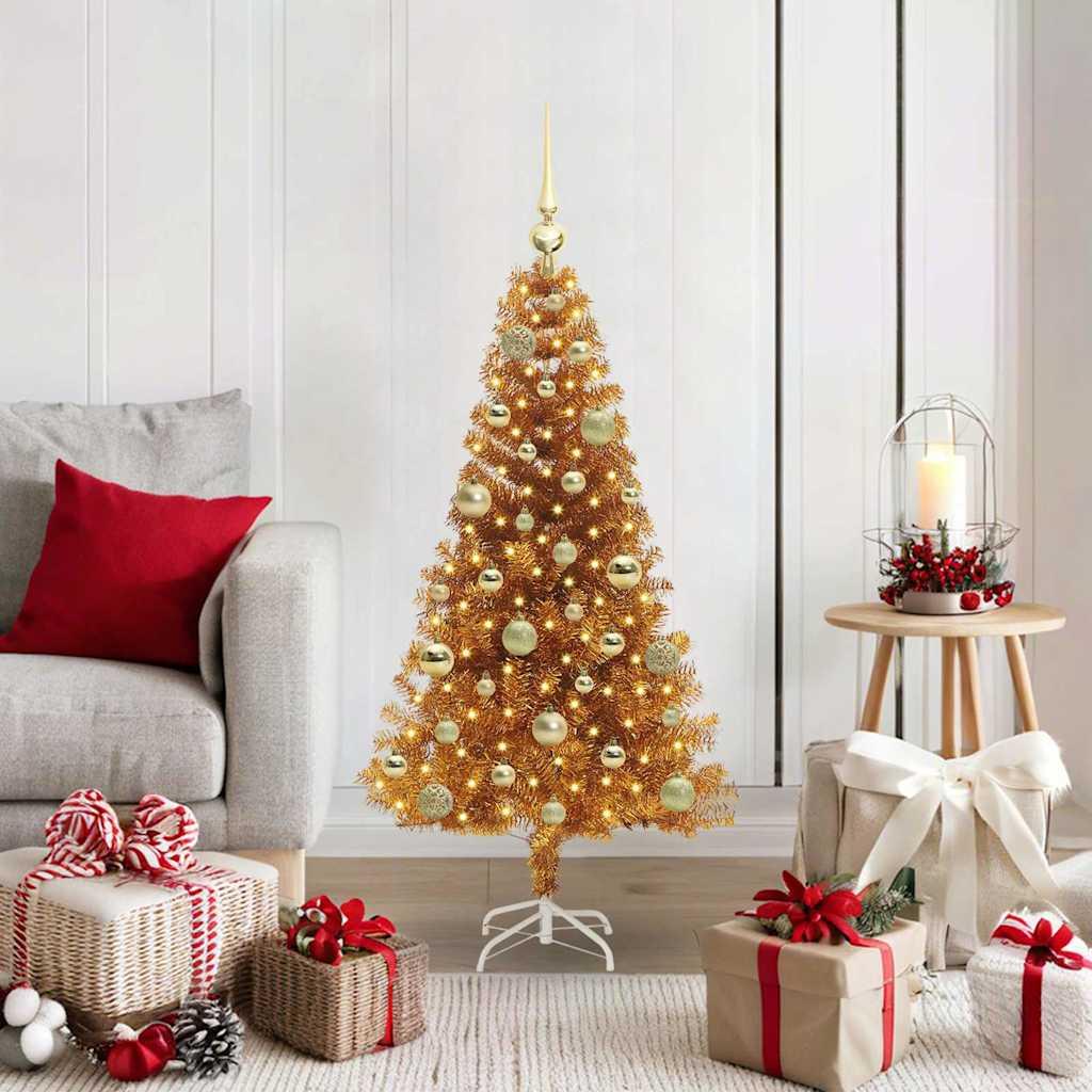 Kunstigt juletræ med LED og kugler - guld 120 cm