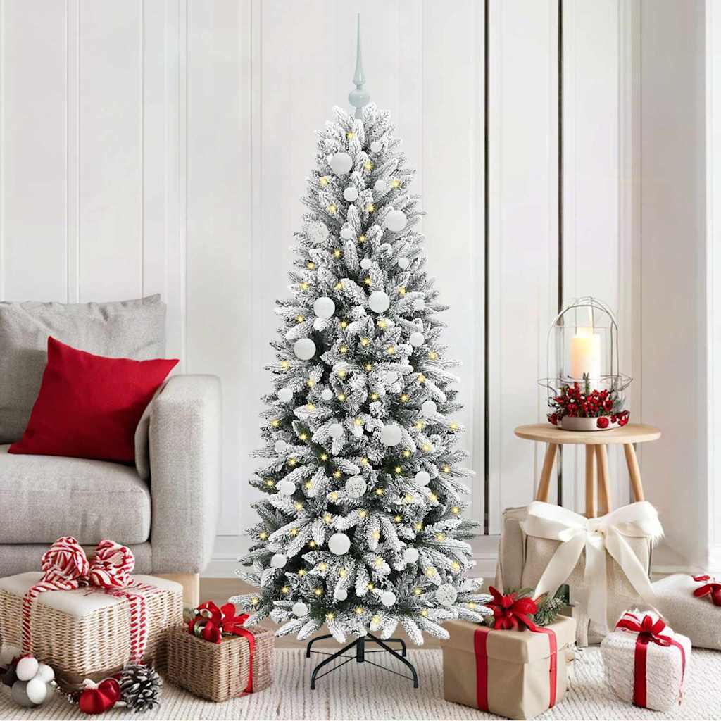 Kunstigt juletræ - hvid 150 cm med LED-lys og kugler billede