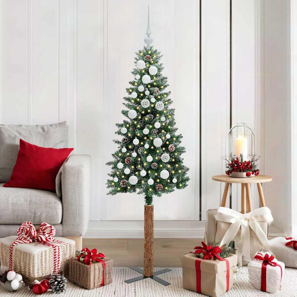 Slankt Juletræ Grøn og Hvid 150 cm PVC og Massiv Fyrretræ billede