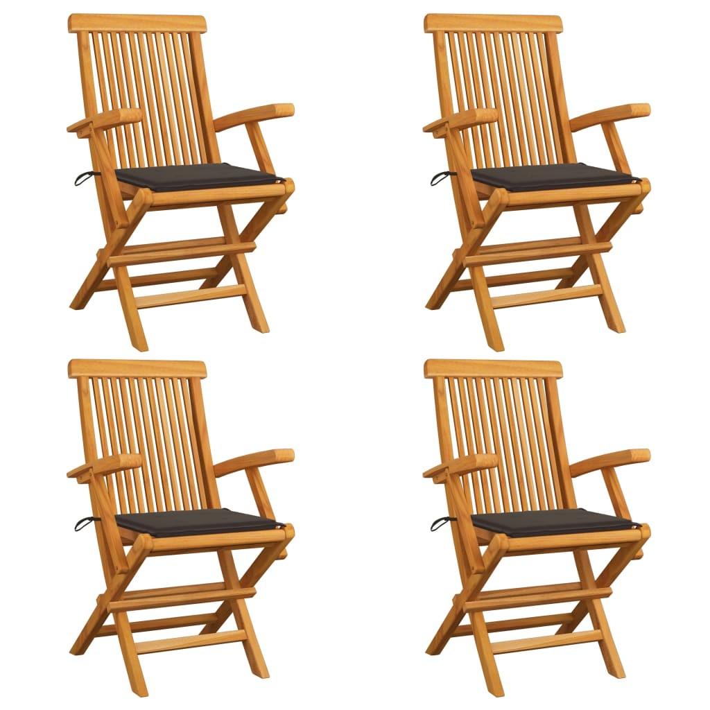 Havestole med gråbrune hynder 4 stk. massivt teaktræ