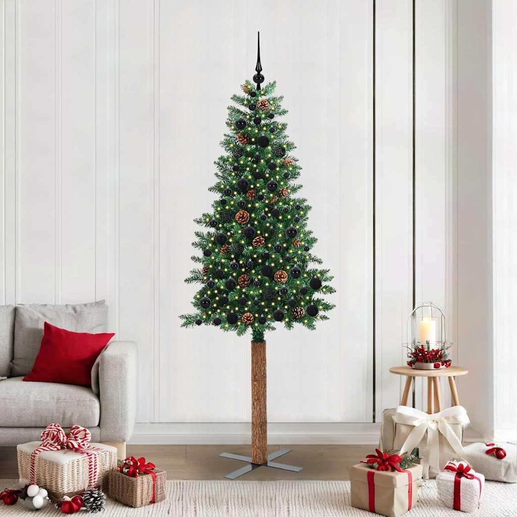 Slankt juletræ med LED-lys på stativ - grøn 210 cm, PVC og massiv fyrretræ billede
