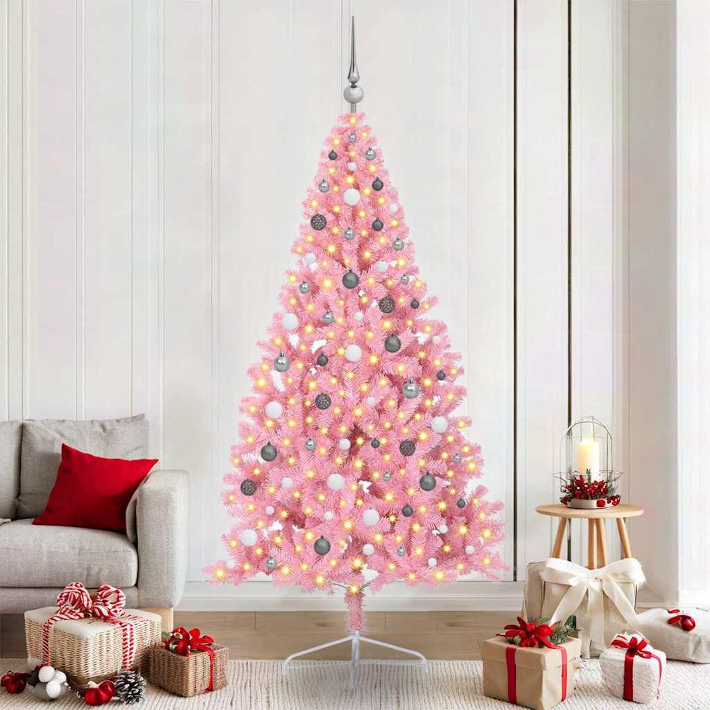 vidaXL Kunstig Forbelyst Juletræ med 300 LED'er Lyserød 210 cm PVC
