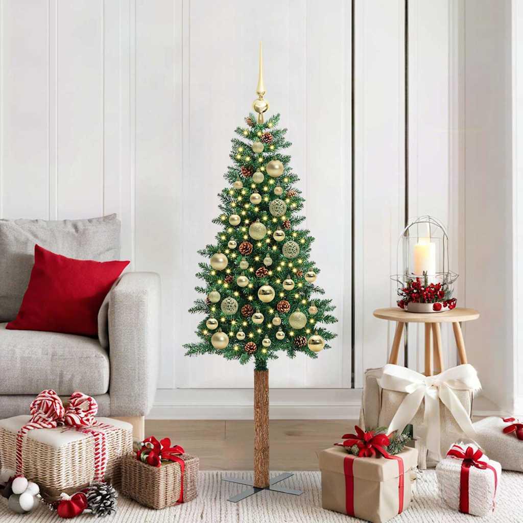 Slankt juletræ med LED-lys, stativ og pynt - grøn 150 cm (PVC og massiv fyrretræ) billede