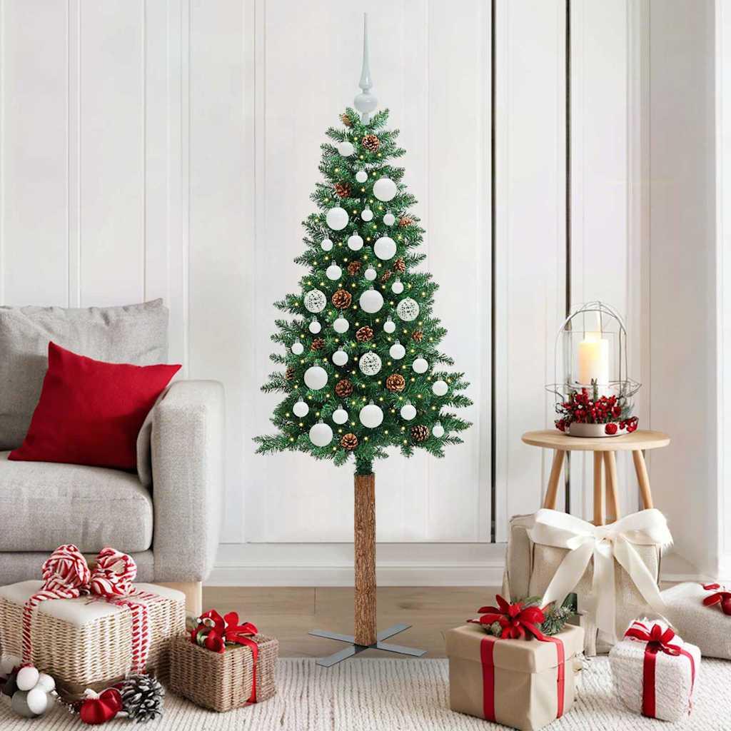 Slankt juletræ med LED-lys - grøn 150 cm, PVC og massiv fyrretræ, med stativ billede