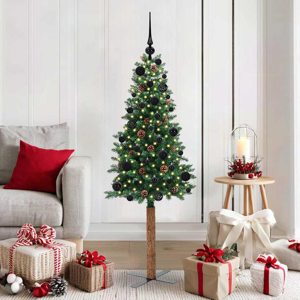 Slankt juletræ med LED-lys 150 cm - grøn PVC og massiv fyrretræsstamme billede