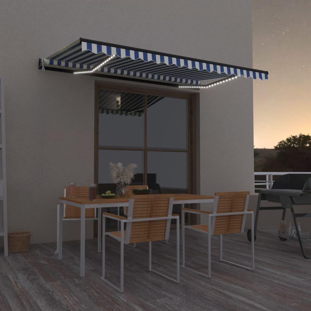 Markise m. LED + vindsensor 450x350 cm automatisk blå og hvid