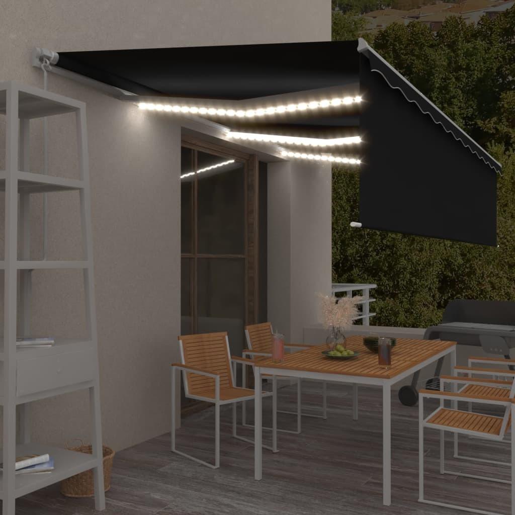 Markise m. gardin + LED 6x3 m manuel betjening antracitgrå