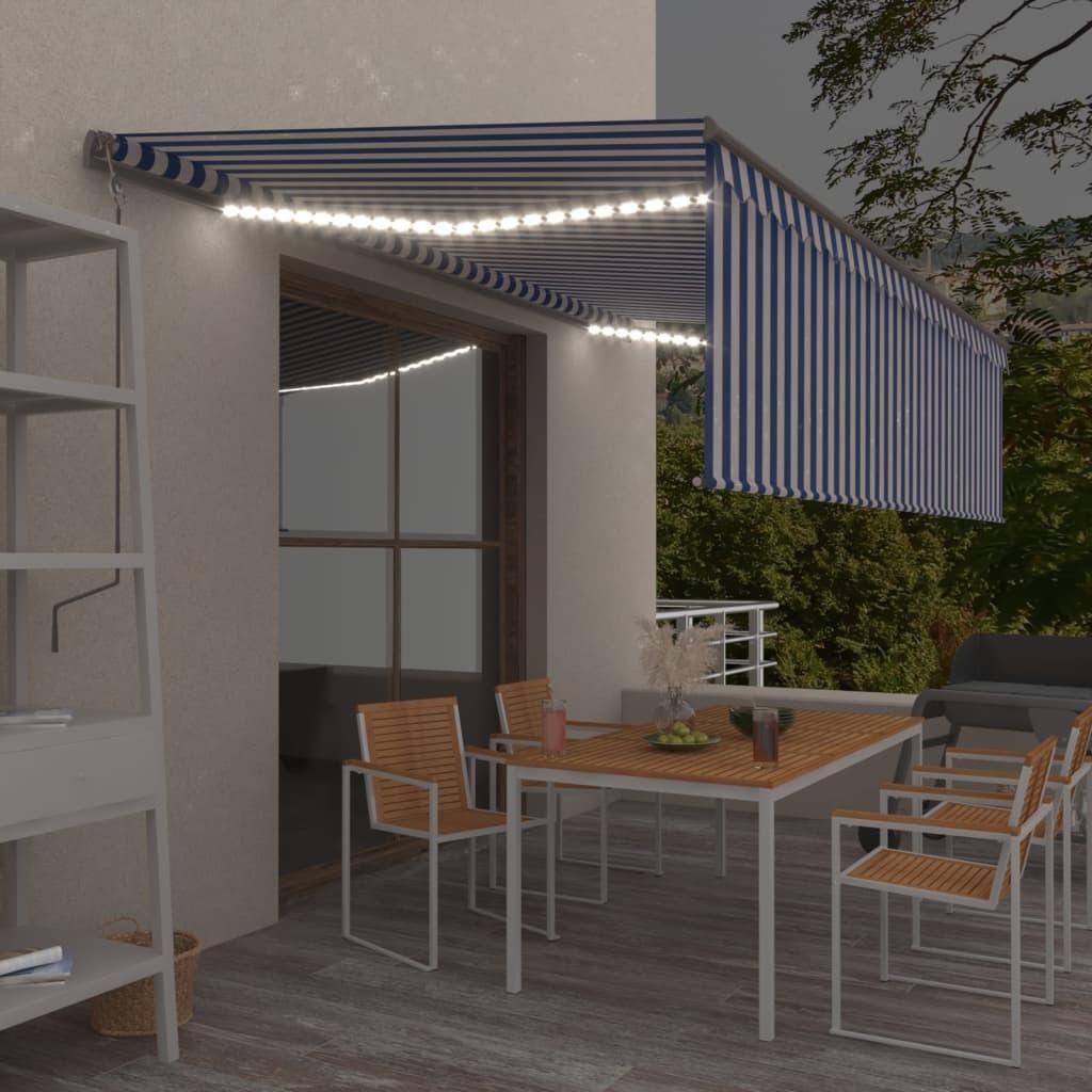 Markise m. gardin+LED+vindsensor 5x3 m automatisk blå og hvid