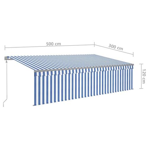 Markise m. gardin+LED+vindsensor 5x3 m automatisk blå og hvid