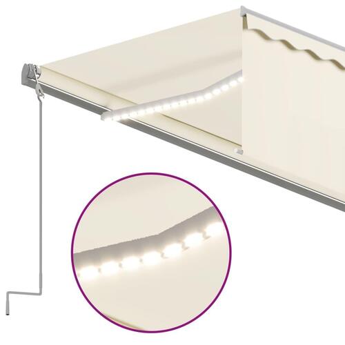 Markise m. gardin+LED+vindsensor 5x3 m automatisk cremefarvet