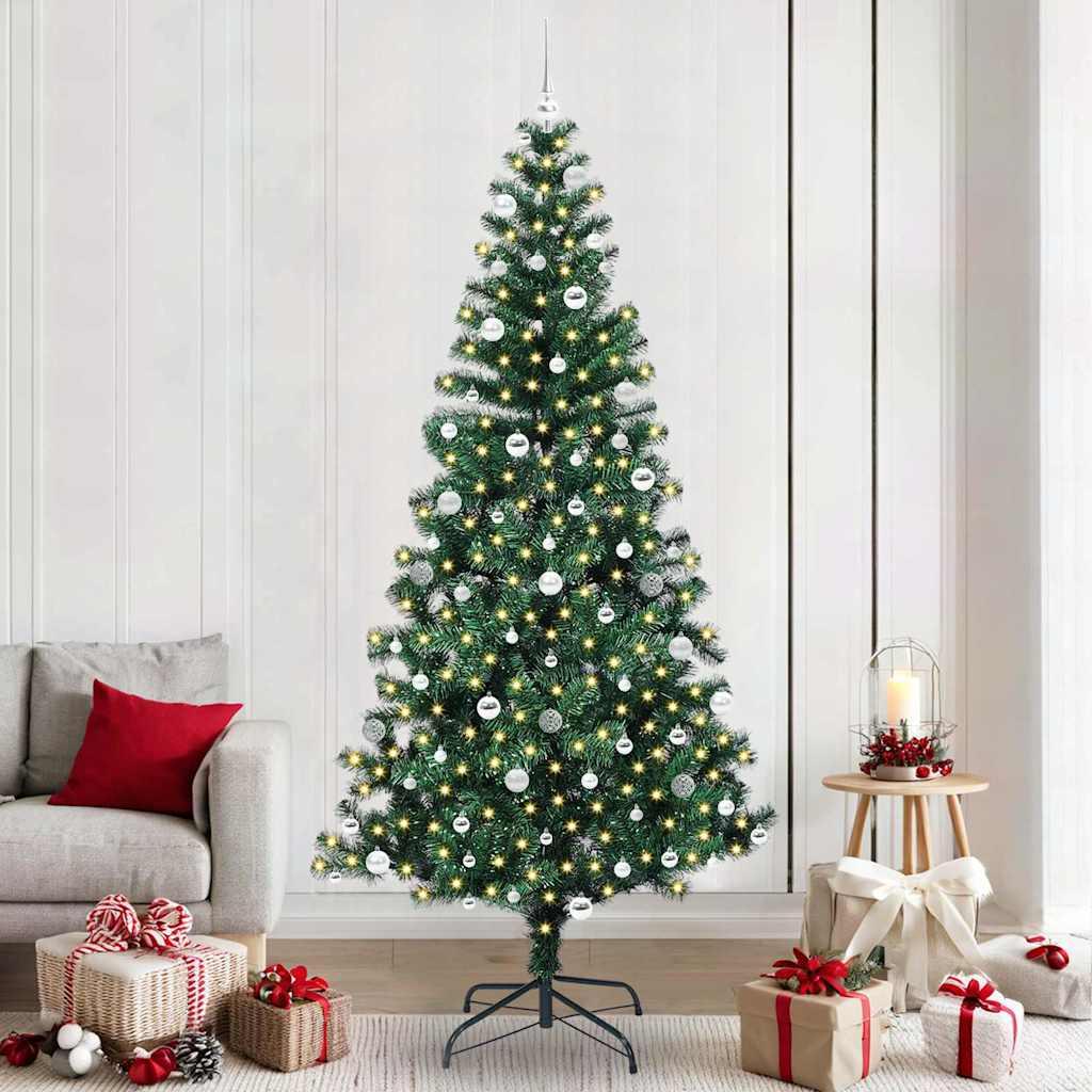 Kunstigt forbelyst juletræ 240 cm - grøn PVC med metalstativ og LED billede