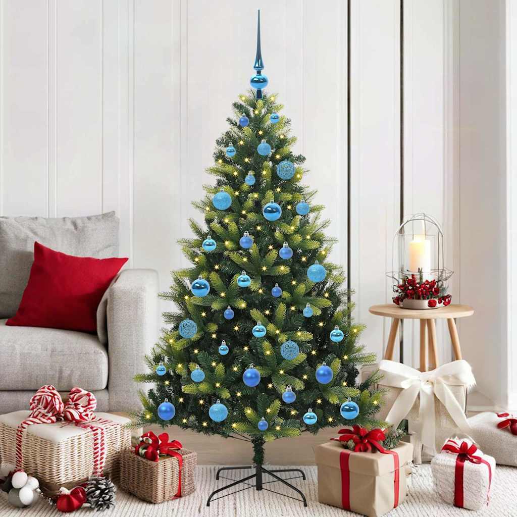 Kunstig hængslet juletræ med 150 LED-lys Grøn 150 cm PVC og PE billede
