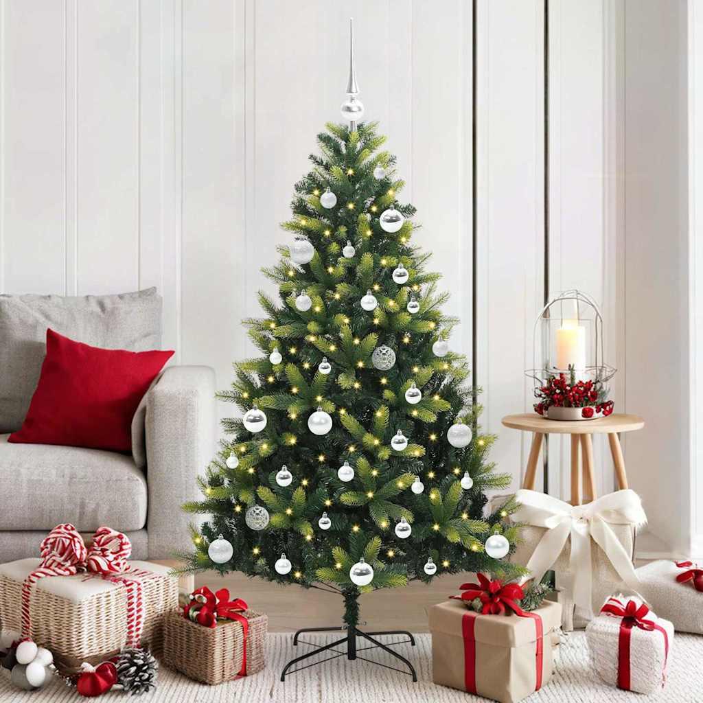 Kunstig hængslet juletræ med 150 LED-lys Grøn 150 cm PVC og PE billede