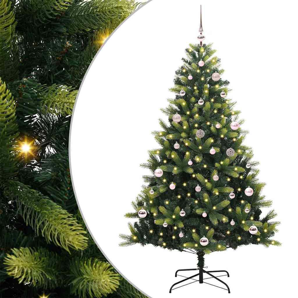 Kunstig hængslet juletræ med 150 LED-lys Grøn 150 cm PVC og PE billede