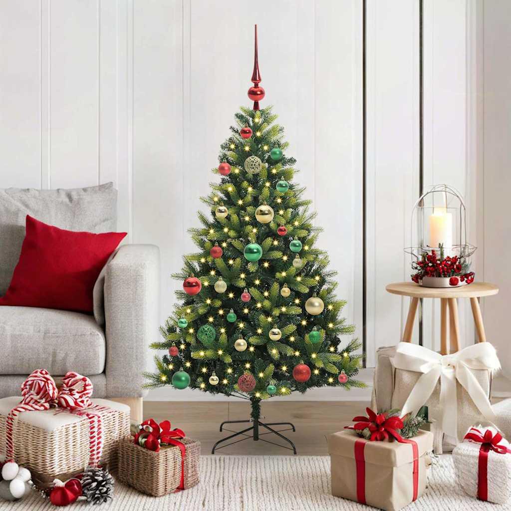 Kunstig hængslet juletræ med 150 LED-lys Grøn 120 cm PVC og PE billede
