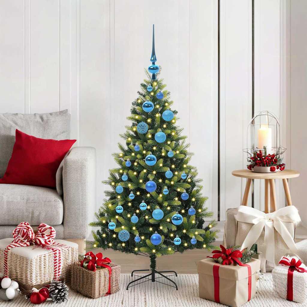 Kunstig hængslet juletræ med 150 LED-lys Grøn 120 cm PVC og PE billede