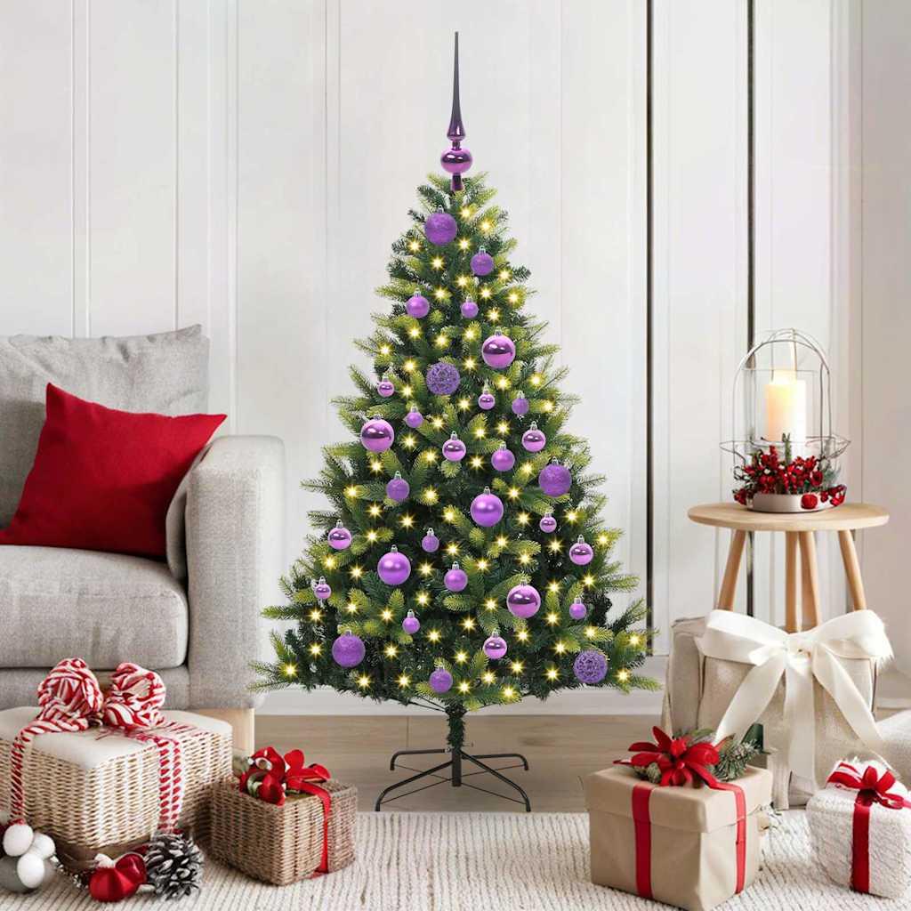 Kunstig hængslet juletræ med 150 LED-lys Grøn 120 cm PVC og PE billede