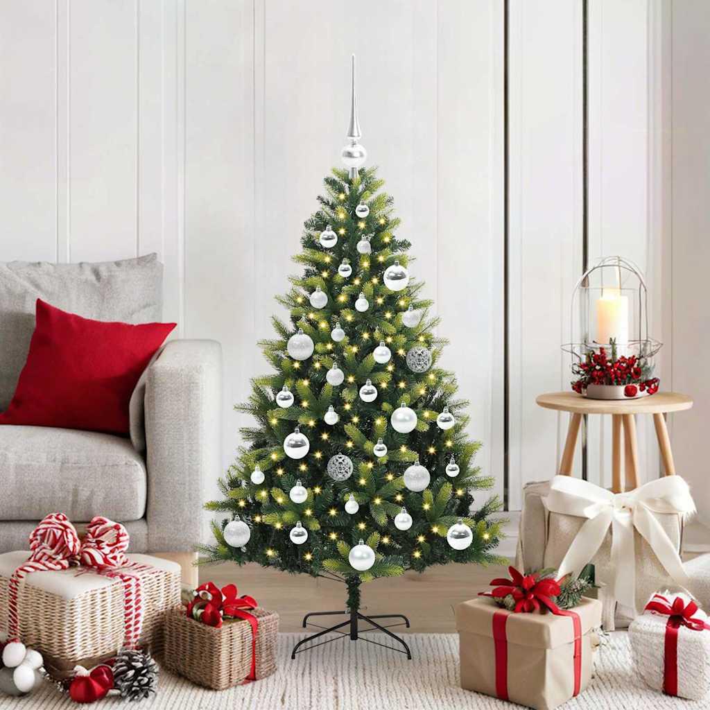Kunstig hængslet juletræ med 150 LED-lys Grøn 120 cm PVC og PE billede