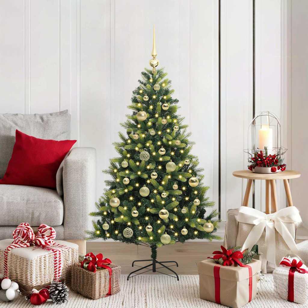 Kunstig hængslet juletræ med 150 LED-lys Grøn 120 cm PVC og PE billede