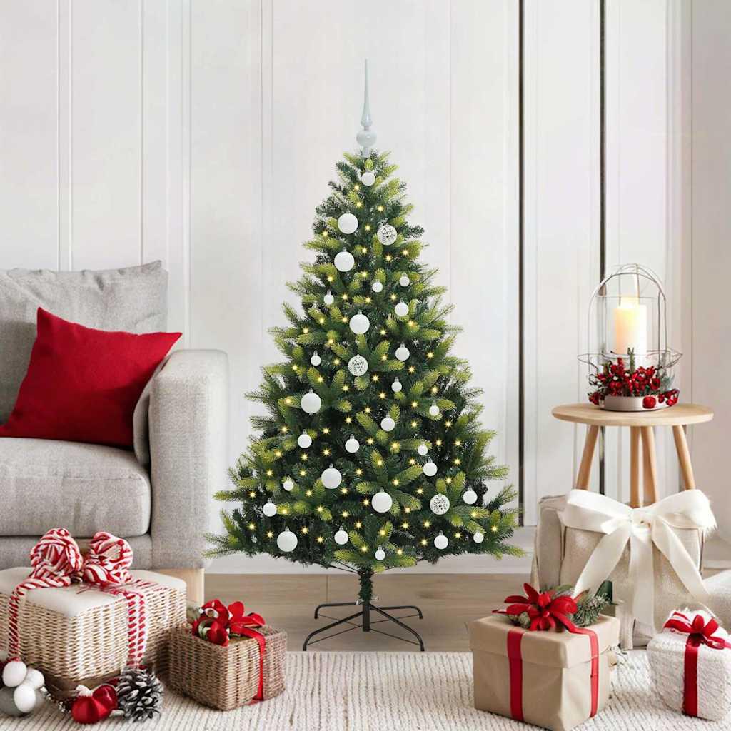 Kunstig hængslet juletræ med 150 LED-lys Grøn 120 cm PVC og PE billede
