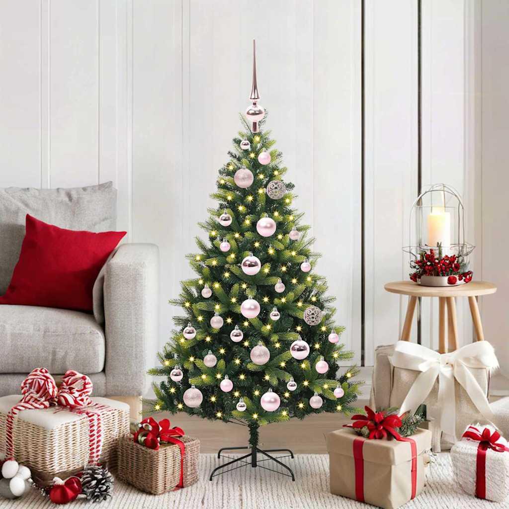 Kunstig hængslet juletræ med 150 LED-lys Grøn 120 cm PVC og PE billede