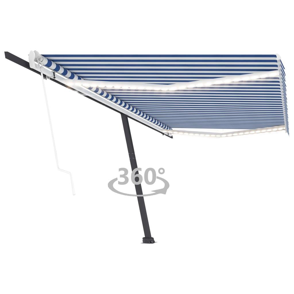 Markise m. LED + vindsensor 500x350 cm automatisk blå og hvid