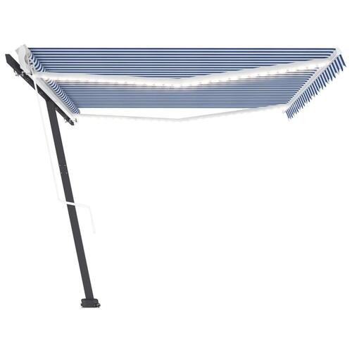 Markise m. LED + vindsensor 500x350 cm automatisk blå og hvid
