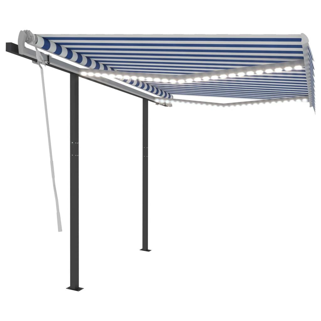 Markise m. LED-lys 3,5x2,5 m manuel betjening blå og hvid