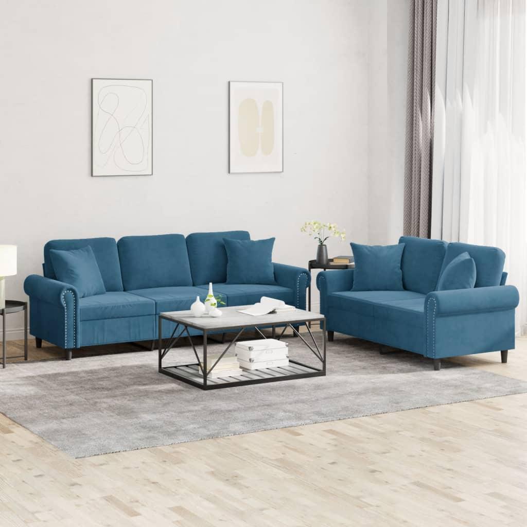 Sofasæt 2 dele med puder velour blå billede