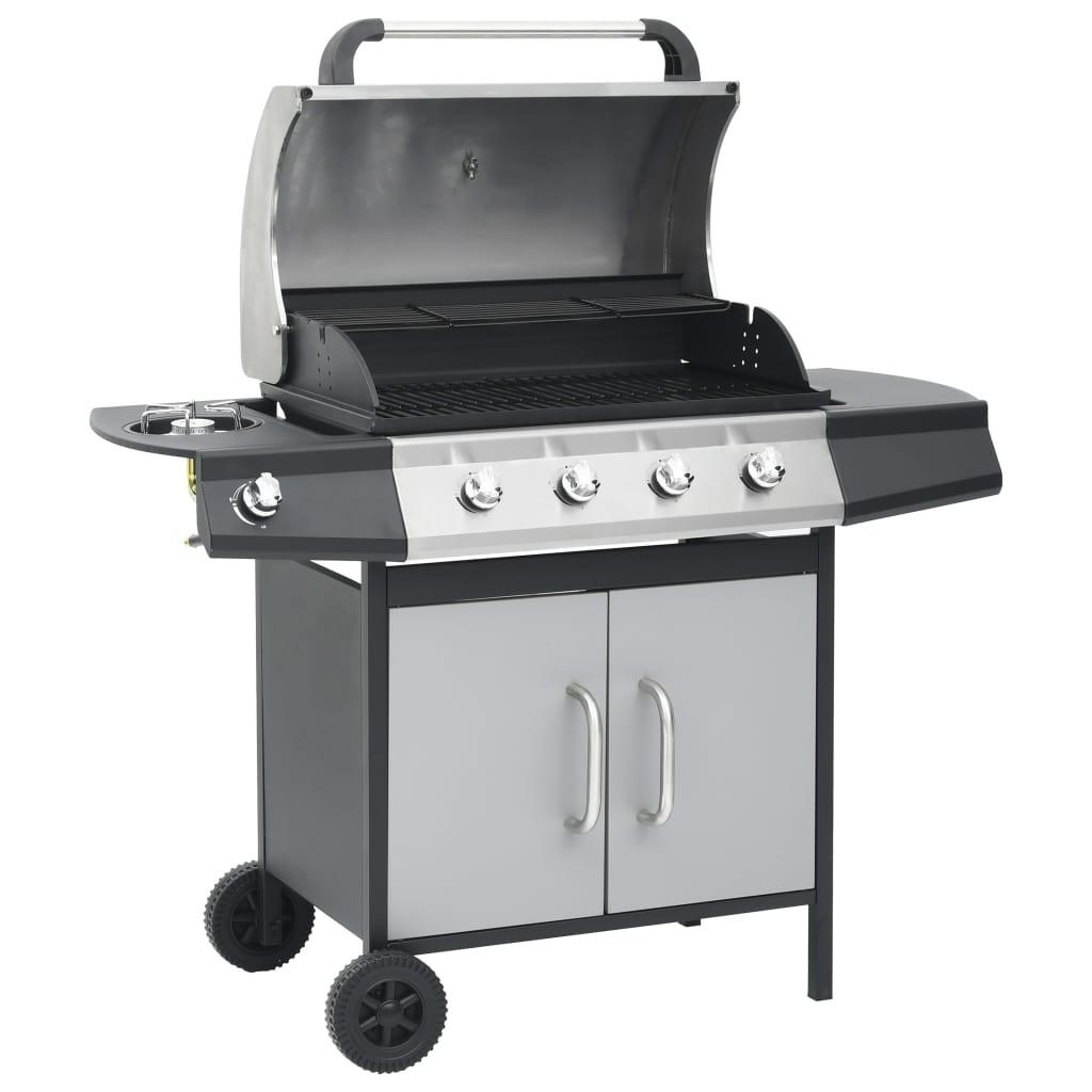 Gasgrill 4+1 grillzoner stål og rustfrit stål sort og sølvfarvet