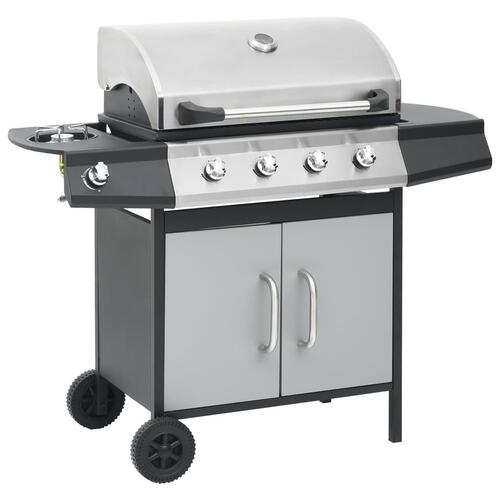 Gasgrill 4+1 grillzoner stål og rustfrit stål sort og sølvfarvet
