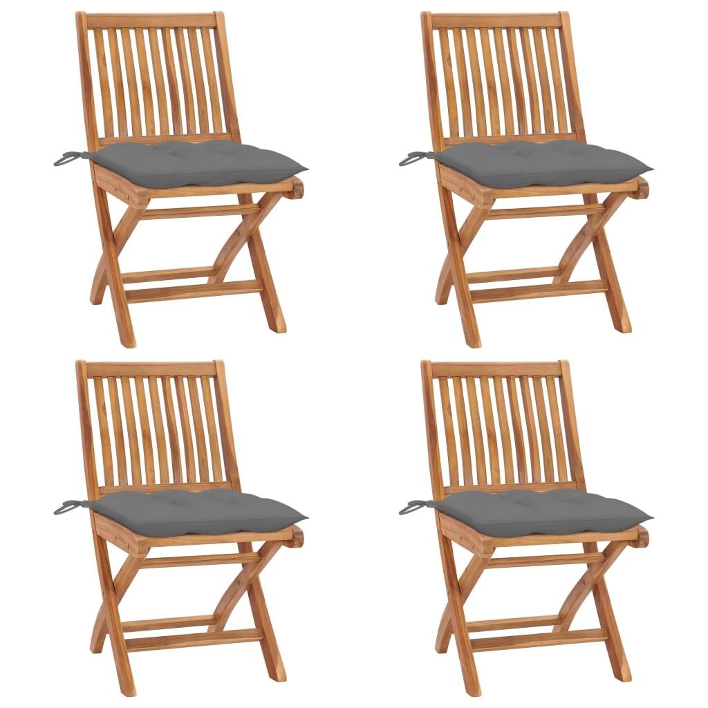 Foldbare Havestole Med Hynder Massivt Teaktræ - Grå / 4