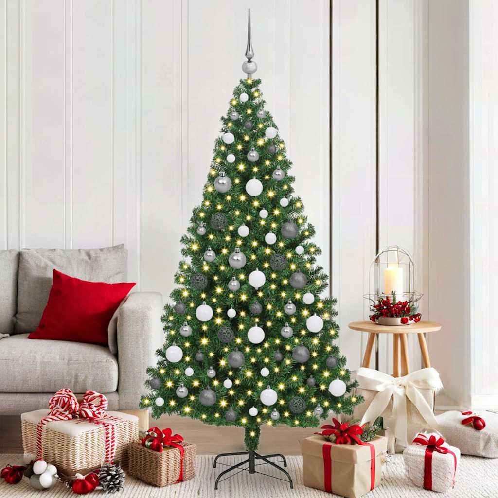 Kunstigt juletræ med LED-lyskæde - grøn, 180 cm, PVC/stål/plast med stativ billede