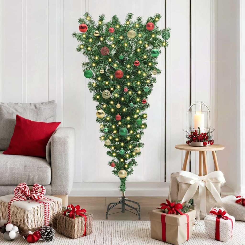 vidaXL Omvendt kunstigt forbelyst juletre med kuglesæt Grøn 150 cm PVC